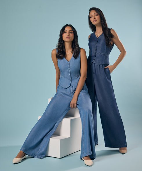 Flared Leg Washed Tencel Light Blue Pant